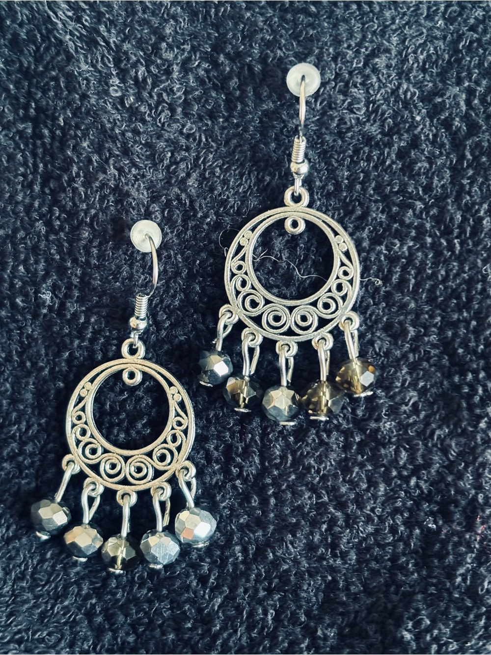 Boho Silver-Tone Dangle Earrings with Faceted Gray Beads